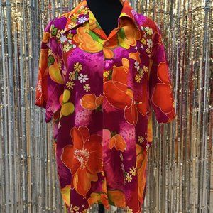 Vintage 1970s Pomare Hawaiian Hibiscus Floral Button Down Shirt Size L Colorful